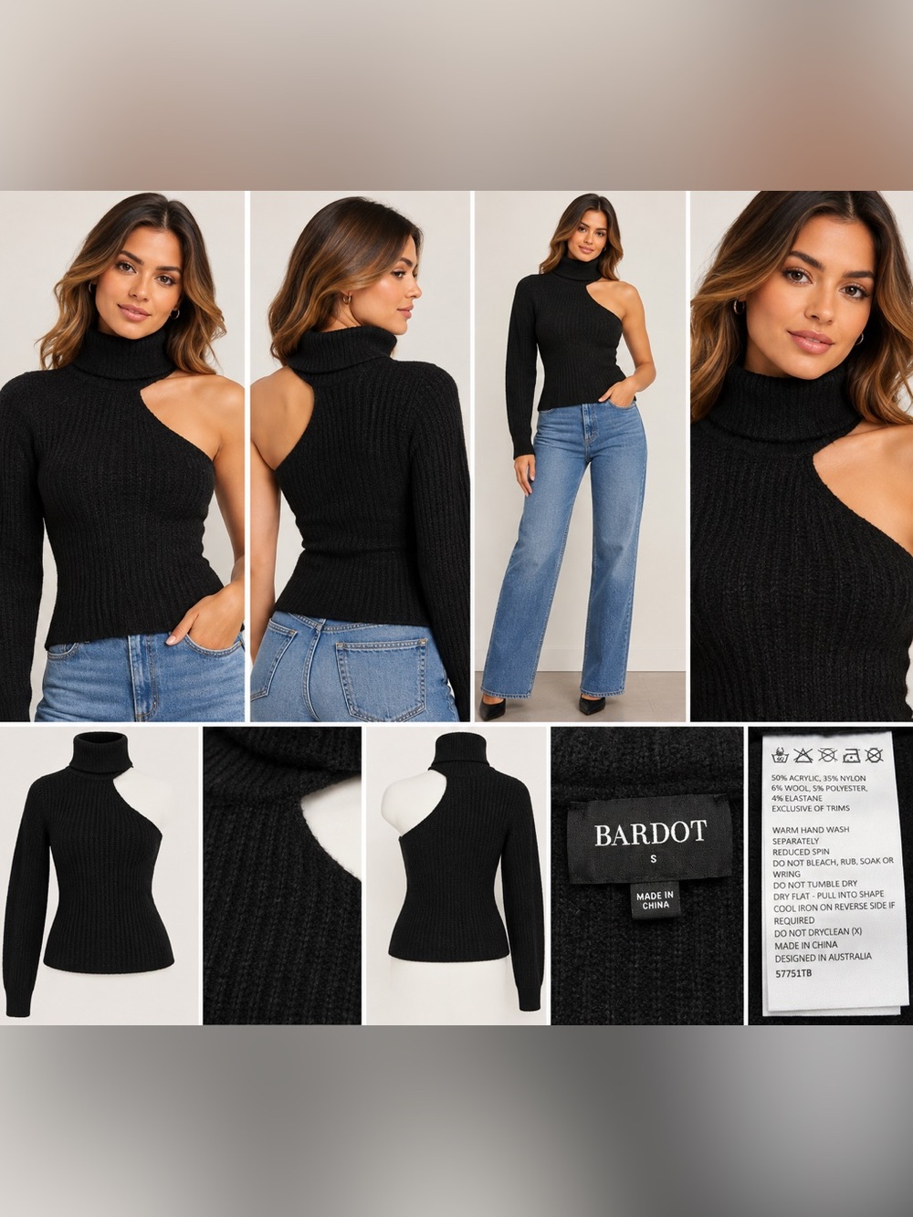 Bardot Black One Shoulder Turtleneck Cutout Knit Sweater Size S